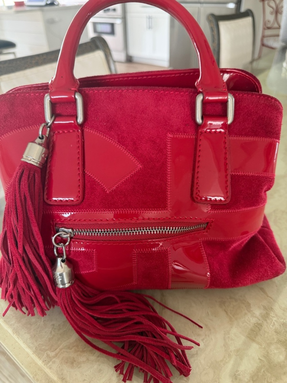 Gianfranco Ferre Red Suede & Patent Tassel Satchel